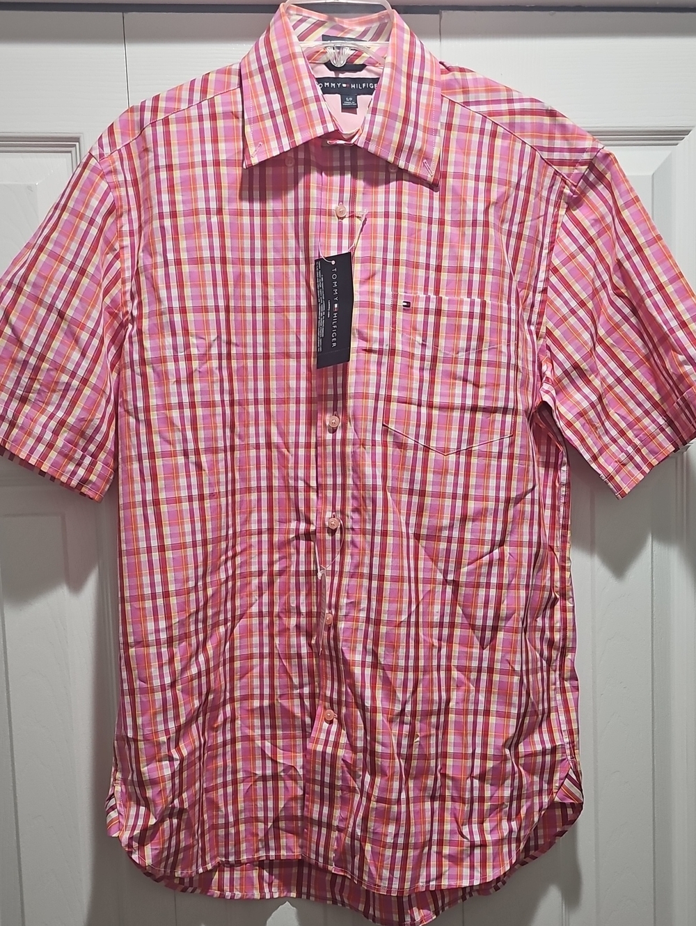 Tommy Hilfiger Pink and White Plaid Short-Sleeve Button-Down Shirt